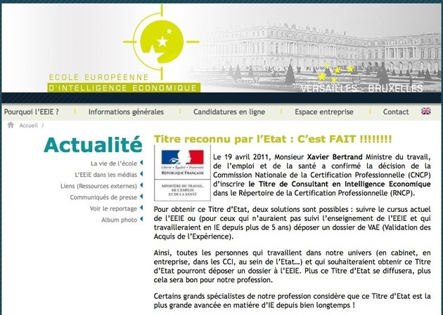EEIE Première formation habilitée à délivrer le Titre reconnu par l’Etat de Consultant en Intelligence Economique EEIE Première formation habilitée à délivrer le Titre reconnu par l’Etat de Consultant en Intelligence Economique