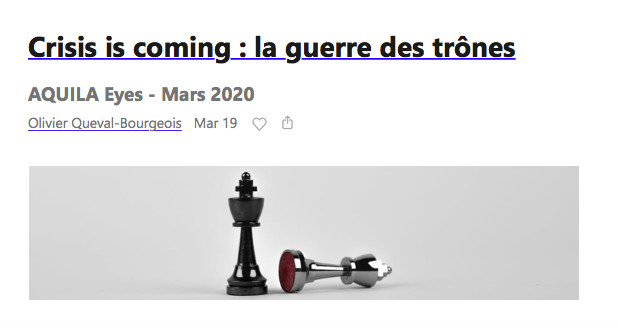 Reminder 24 mars. Webinar. La Performance financière par la Maîtrise des informations par Digimind. "Crisis is coming : la guerre des trônes" par Olivier Queval-Bourgeois Reminder 24 mars. Webinar. La Performance financière par la Maîtrise des informations par Digimind. "Crisis is coming : la guerre des trônes" par Olivier Queval-Bourgeois