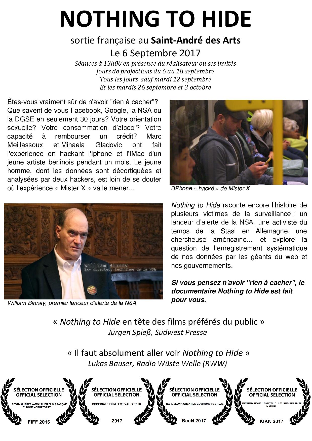 Agenda :  Projection-débat sur le documentaire "Nothing to Hide" / "je n'ai rien à cacher"