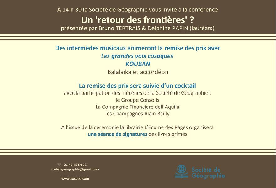 Le 1er décembre 2017 Séance solennelle de Remise des Prix 2017 à la Société de Géographie