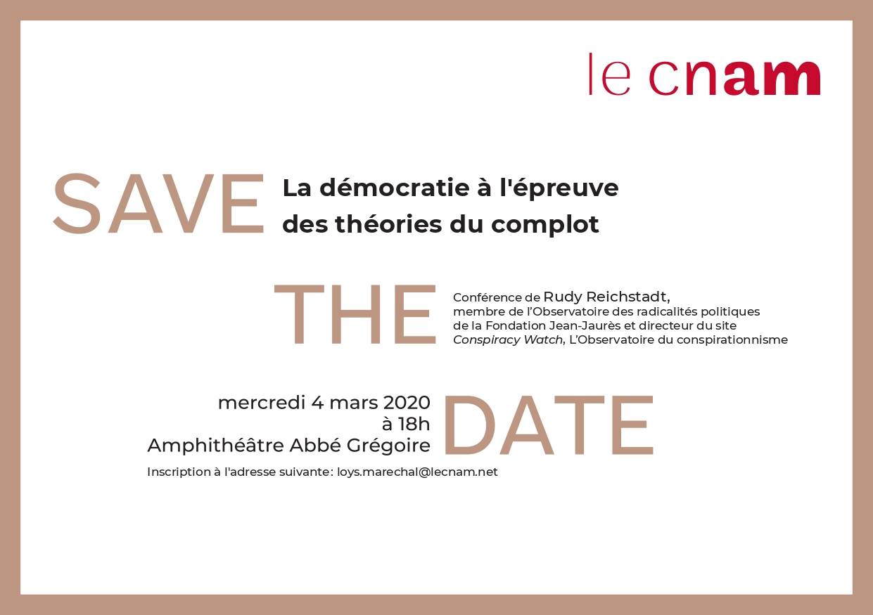 "Lutte contre le complotisme et l'antisémitisme", Mercredi 4 mars prochain à 18 heures au Cnam