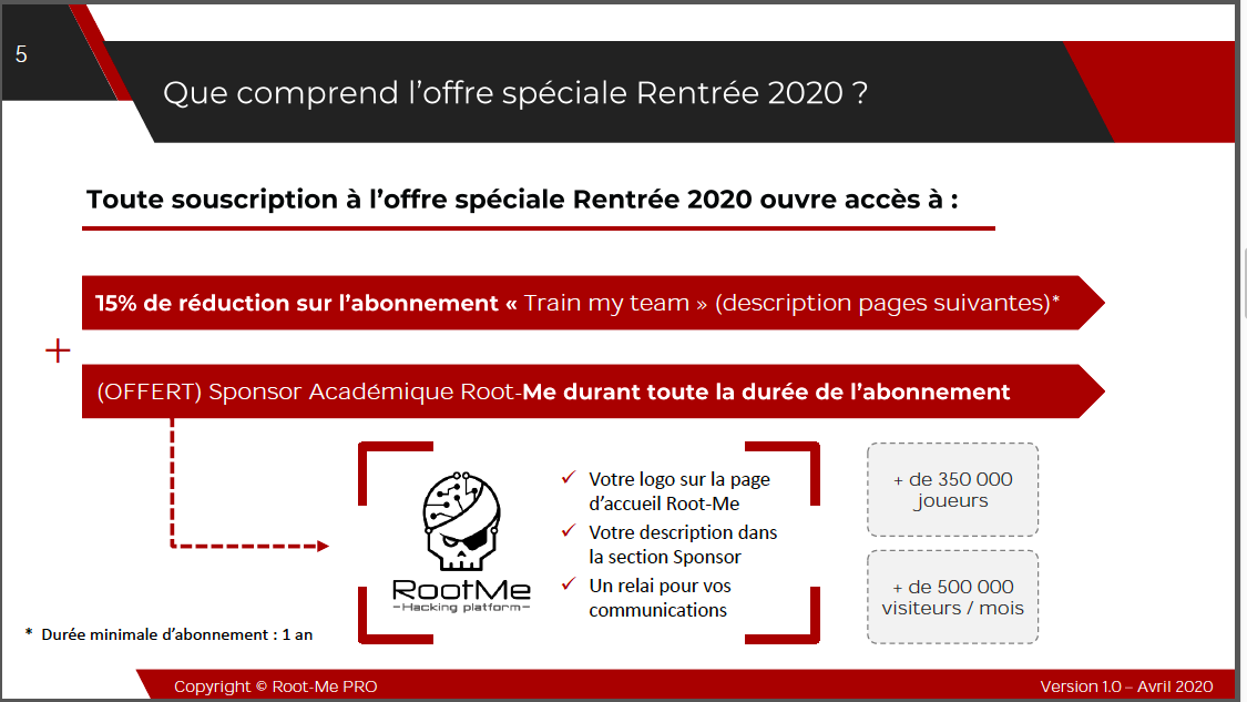 Cybersécurité et formation en ligne. Allier la théorie à la pratique. Pari réussi pour Root-Me Pro ! Offre spéciale Rentrée 2020.  Cybersécurité et formation en ligne. Allier la théorie à la pratique. Pari réussi pour Root-Me Pro ! Offre spéciale Rentrée 2020.