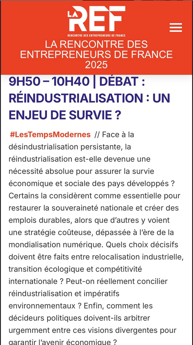 Jeudi 28 août. Rendez-vous La France face au défi industriel : regards croisés à La REF25