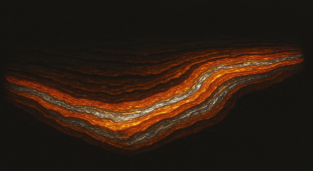 Vue d'artiste - générée par l'intelligence artificielle - de ce à quoi pourrait ressembler la couche géologique de l'Anthropocène : une strate particulièrement brillante saturée de marqueurs métalliques (fer, cuivre, lithium, terres rares, etc.) témoignant de l'explosion de la commation de métaux "technologiques" par notre civilisation