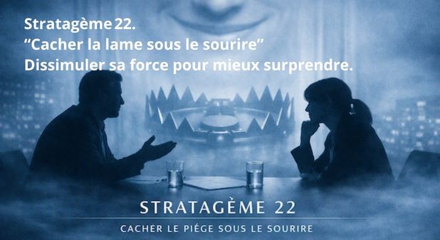 Stratagème 22.  “Cacher la lame sous le sourire”  Dissimuler sa force pour mieux surprendre.